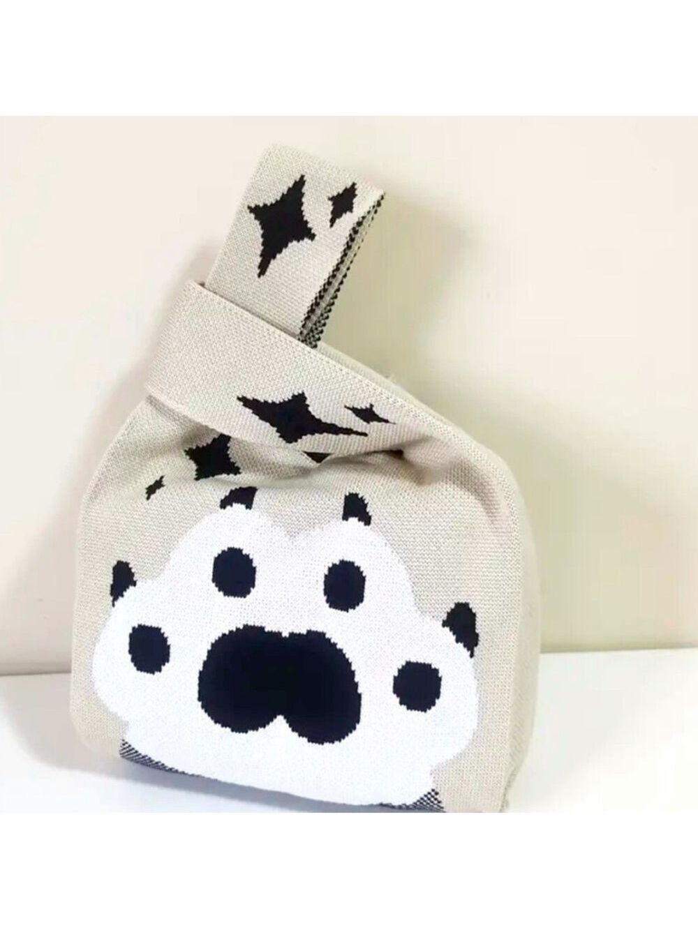 Heavy Woven Knit Paw Pattern Tote Purse Bag Japanese Knot  Closure Style